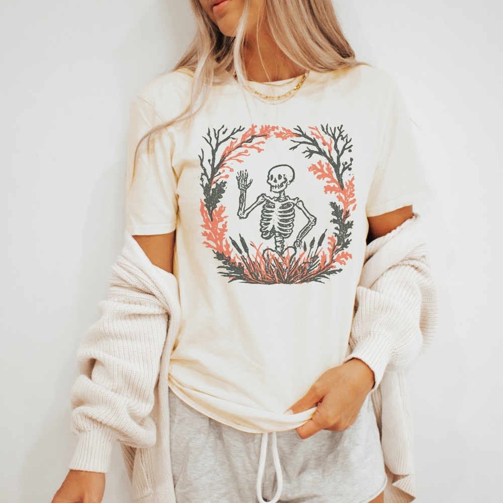 Waving Skeleton Linocut Style Graphic Tee - Picture 1 of 5
